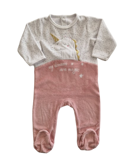 Pyjama blanc et rose en velours motif licorne 12 mois