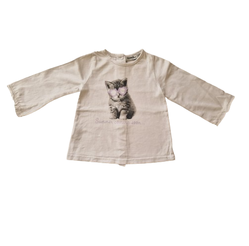 Tee-shirt manches longues blanc motif chat 12 mois